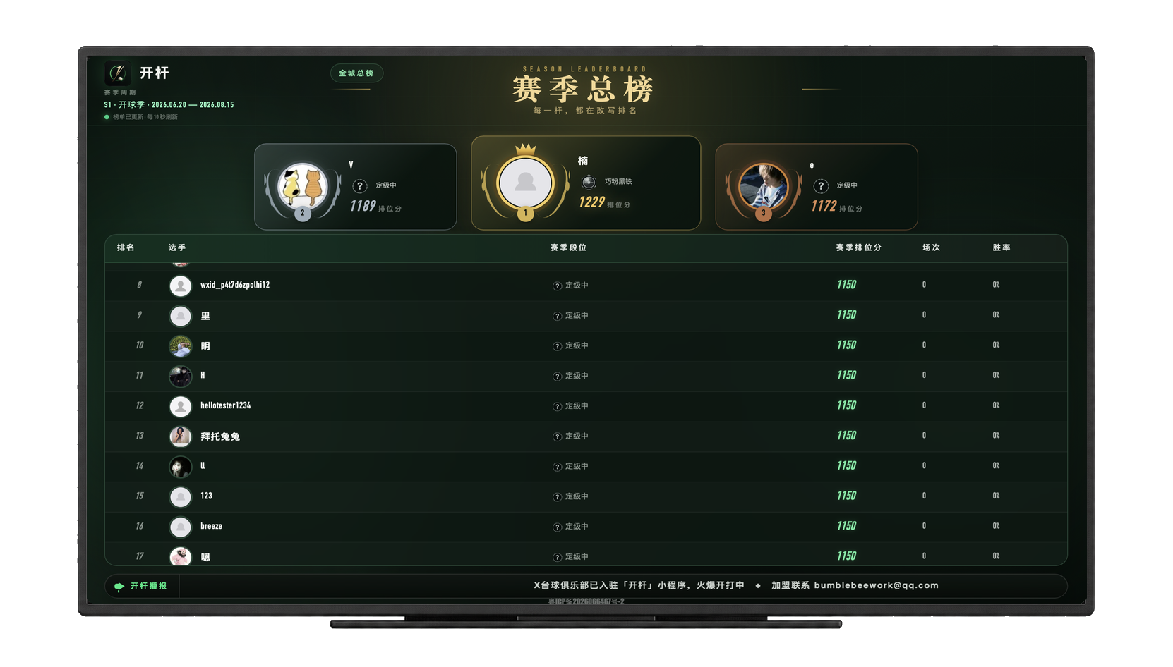 开杆大屏赛季排行榜